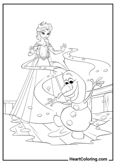 Elsa performs magic for Olaf - Frozen Coloring Pages