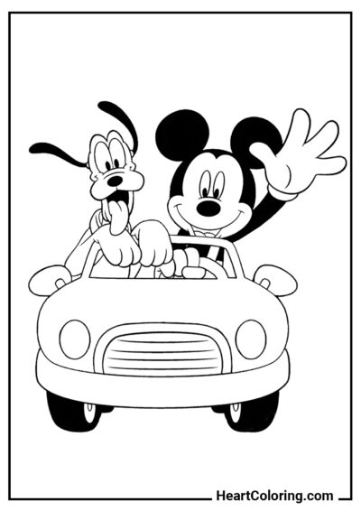 Mickey y Pluto en coche - Dibujos de Mickey Mouse para Colorear
