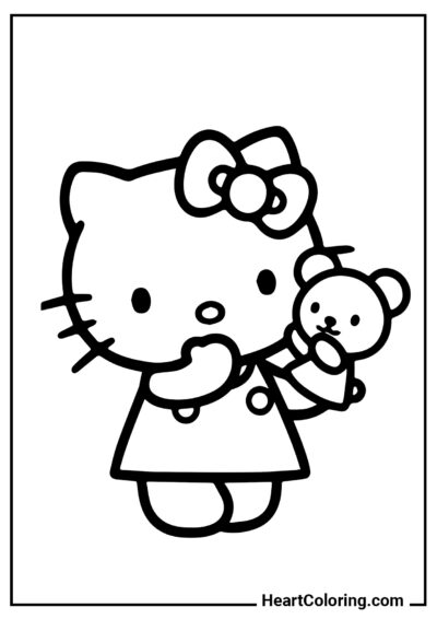 Hello Kitty com um urso de pelúcia - Desenhos da Hello Kitty para Colorir