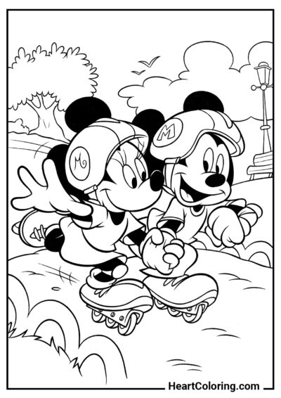 Mickey y Minnie patinando sobre ruedas - Dibujos de Mickey Mouse para Colorear