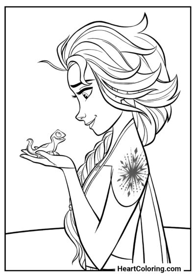 Elsa and cute lizard - Frozen Coloring Pages