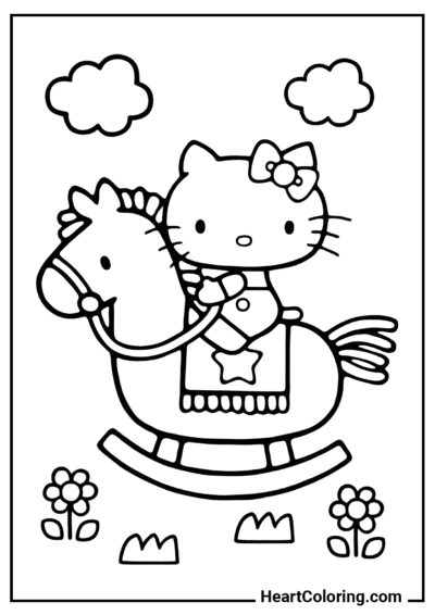 Hello Kitty riding on a wooden pony - Hello Kitty Coloring Pages