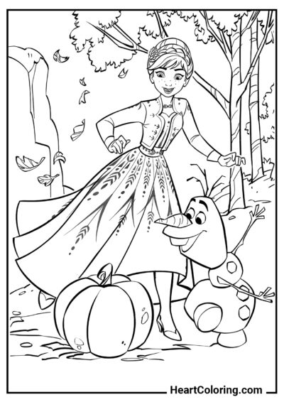 Anna and Olaf found a pumpkin - Frozen Coloring Pages