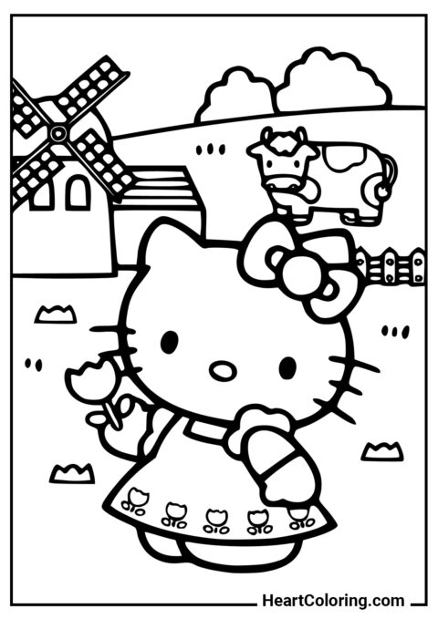 Hello Kitty en la granja - Dibujos de Hello Kitty para Colorear