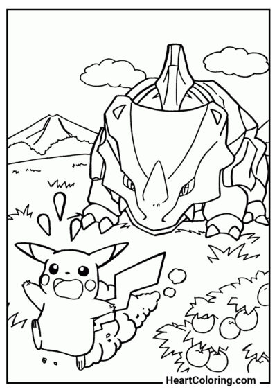 Pikachu runs away from Rhyhorn - Pokemon Coloring Pages