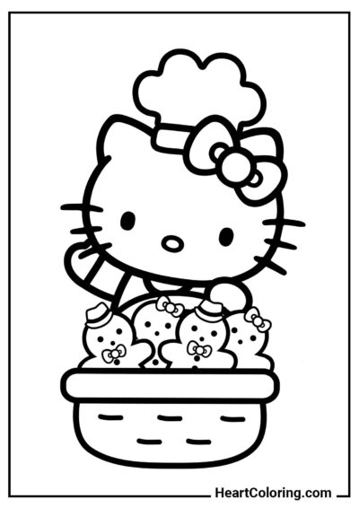 Hello Kitty piecze ciasteczka — kolorowanka do druku i zabawy