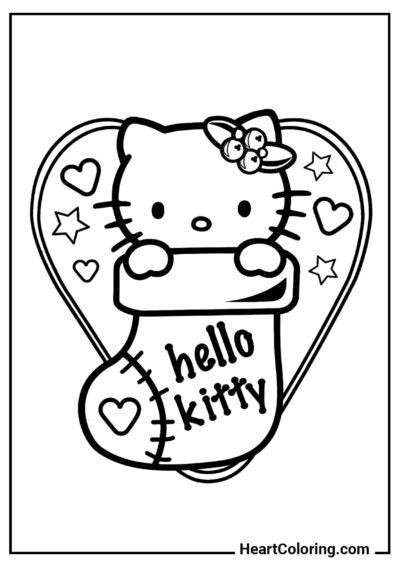 Hello Kitty w świątecznej skarpecie — kolorowanka z działu "Kolorowanki Hello Kitty"
