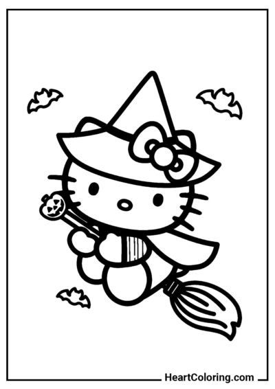 Czarownica Hello Kitty na miotle — obrazek do kolorowania dla dzieci