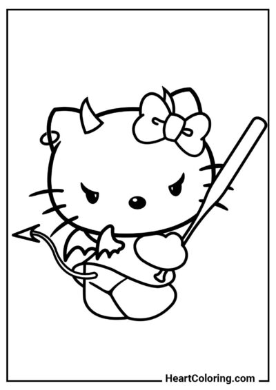 Mała diabełek Kitty z nietoperzem — kolorowanka z kategorii "Kolorowanki Hello Kitty"