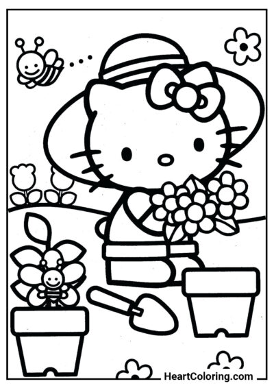 Hello Kitty en el jardín - Dibujos de Hello Kitty para Colorear