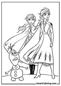 Coloring printable: Anna, Elsa, and a frightened Olaf