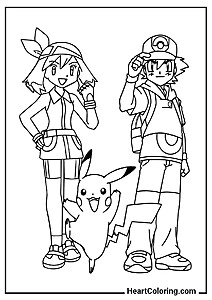 Coloring PDF: May, Ash, and Pikachu from "Pokemon Coloring Pages"
