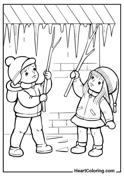 Children knocking down icicles - Spring Coloring Pages