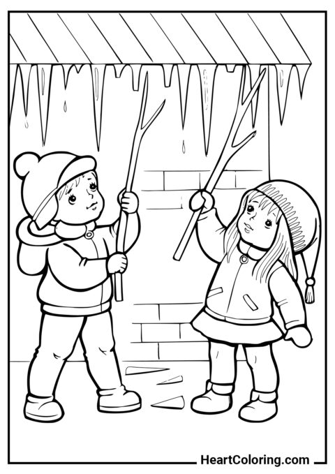 Children knocking down icicles - Spring Coloring Pages