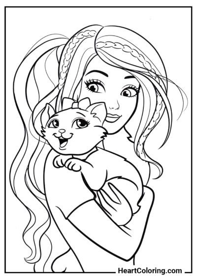 Barbie y gato - Dibujos para Colorear para Niñas