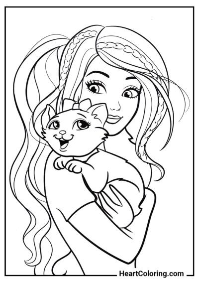 Barbie et chat - Coloriages pour Filles