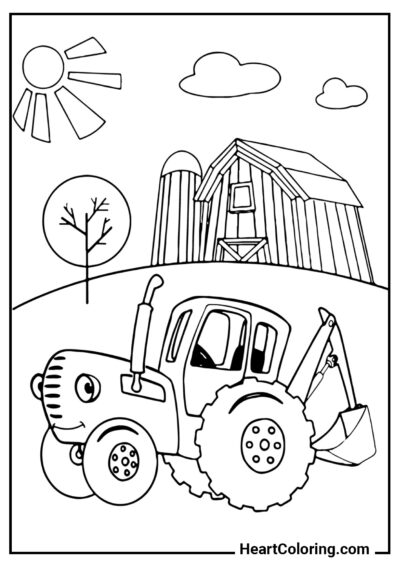 Tractor azul en una granja - Dibujos de Tractores para Colorear