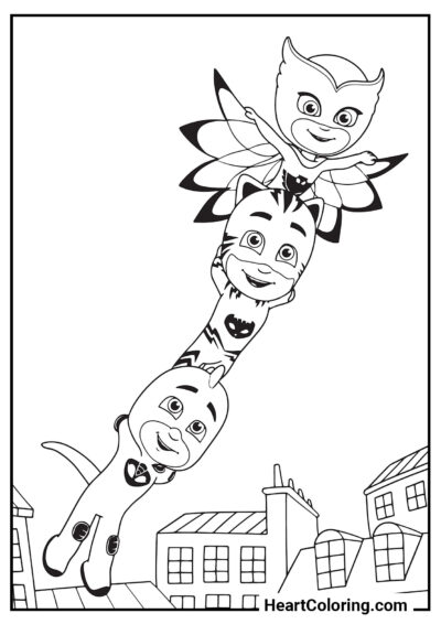 Heroes over the city - PJ Masks Coloring Pages