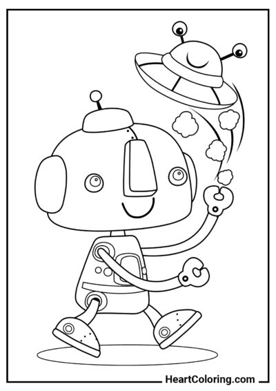 Robot avec jouet OVNI - Coloriage Robot