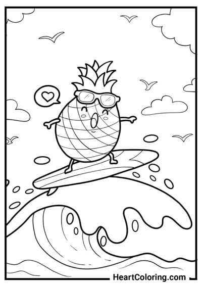Piña atrapando una ola - Dibujos de Verano para Colorear