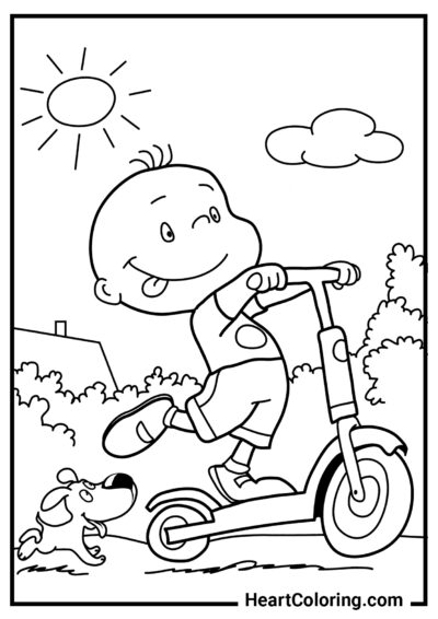 Garçon sur une trottinette - Coloriage Été