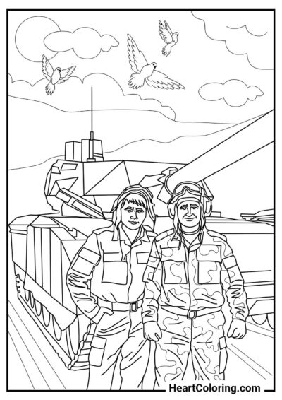 Coloring sheet to print: Two Soldiers with a Battle Tank