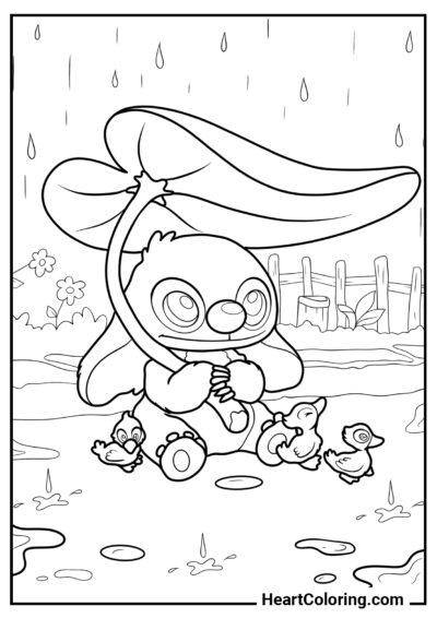 Stitch se met à l’abri de la pluie - Coloriages de Printemps