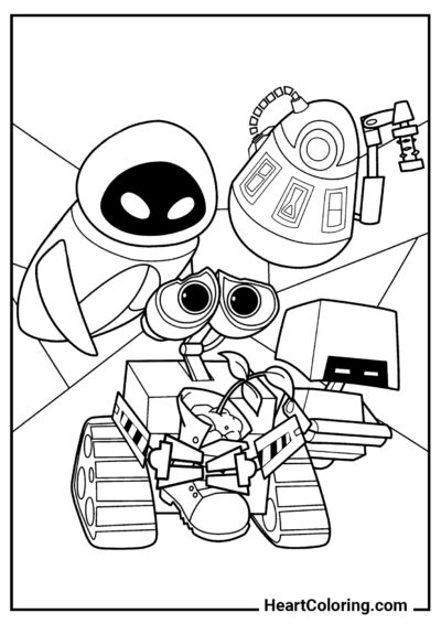 Wall-E with friends - Robot Coloring Pages