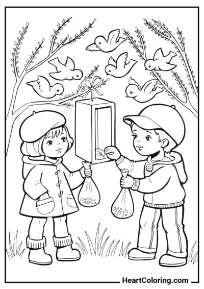Bird feeders - Spring Coloring Pages