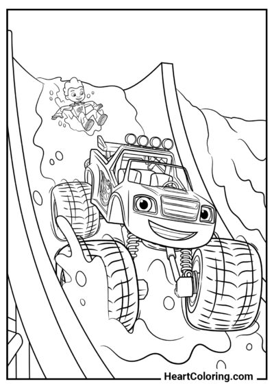 Blaze and AJ on the slide - Blaze and the  Monster Machines Coloring Pages