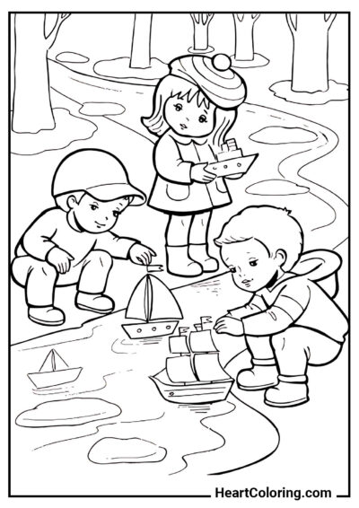 Crianças com barcos - Desenhos da Primavera para Colorir