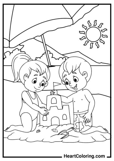 Construction d’un château de sable - Coloriage Été