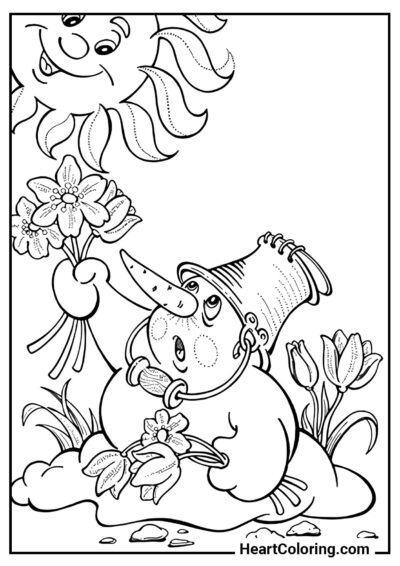 Boneco de neve derretendo — desenho em preto e branco para colorir