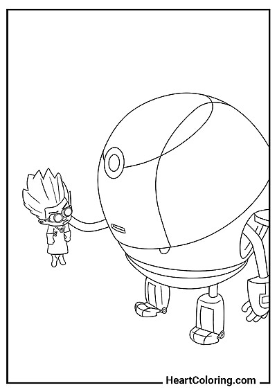 Robot trzymający Romeo Robot trzymający Romeo — czarno-biała kolorowanka do druku