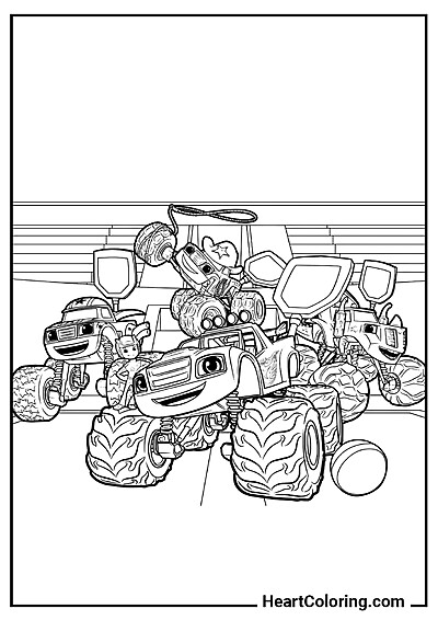 Monster trucki na torze — darmowy obrazek do zabawy i nauki