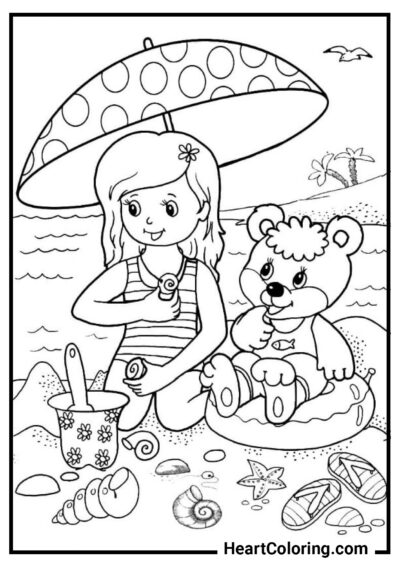 Menina e urso de pelúcia na praia - Desenhos de Verão para Colorir