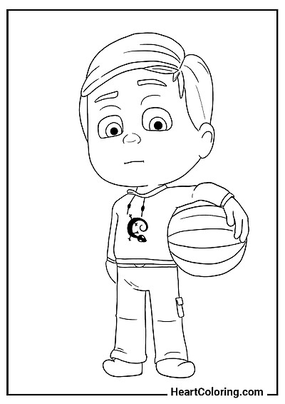 Greg z piłką do koszykówki Greg z piłką do koszykówki — kolorowanka przyjazna do wydruku