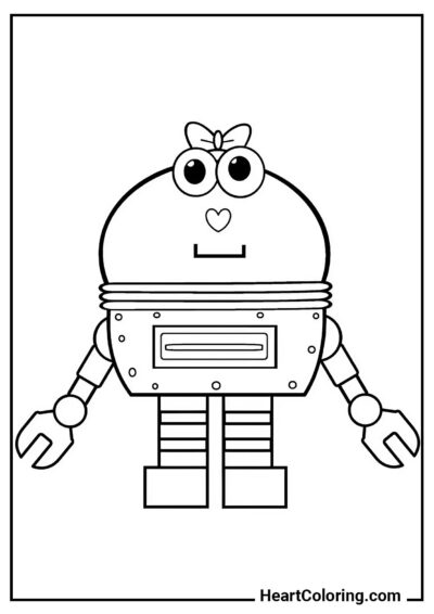 Hausgemachtes Ausmalbild Verrücktes Robotermädchen mit Schleife – PDF-Version