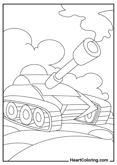 Dibujo en PDF para imprimir: Tanque de dibujos animados después de disparar