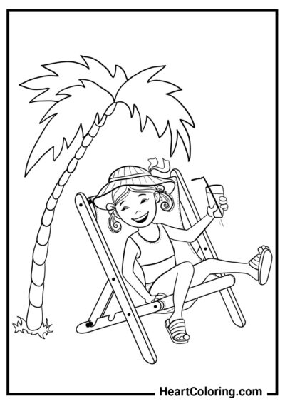 Menina alegre debaixo de uma palmeira - Desenhos de Verão para Colorir