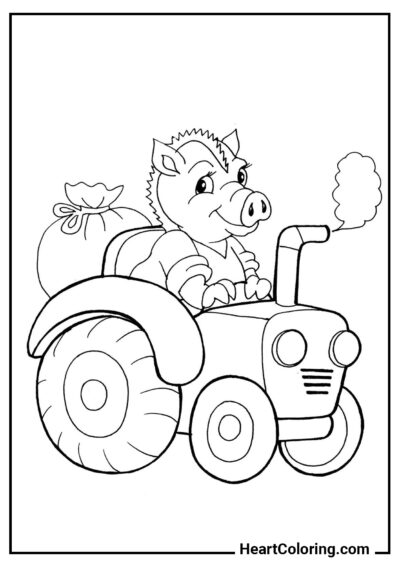 Cochinito en un tractor - Dibujos de Tractores para Colorear