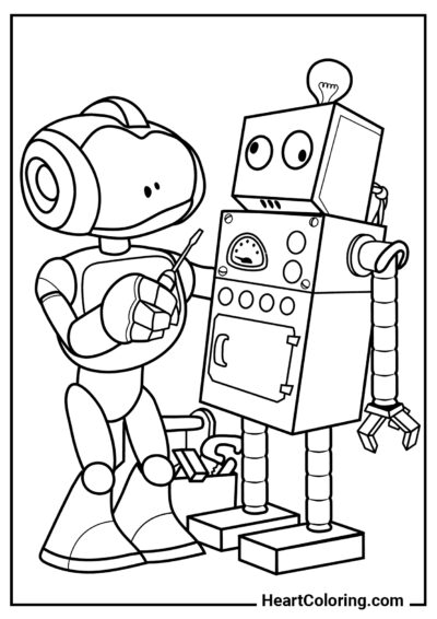Robot répare un vieux ami - Coloriage Robot