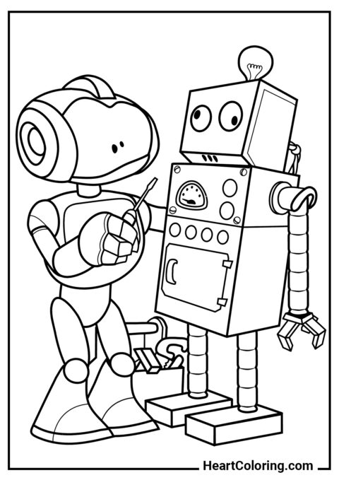 Робот чинит старого друга - Раскраски Роботов