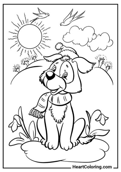 Lámina Perrito en un paseo de primavera para imprimir y colorear