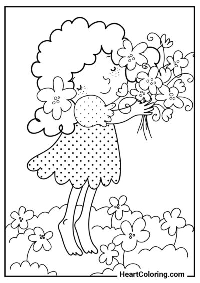Desenho Menina com buquê de primavera — pintando com alegria