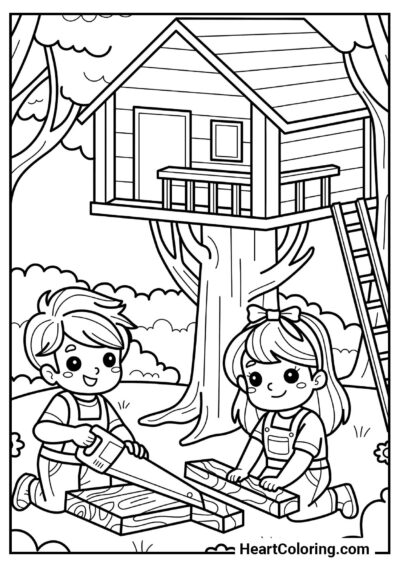 Desenho educativo: Menino e menina construindo uma casa na árvore
