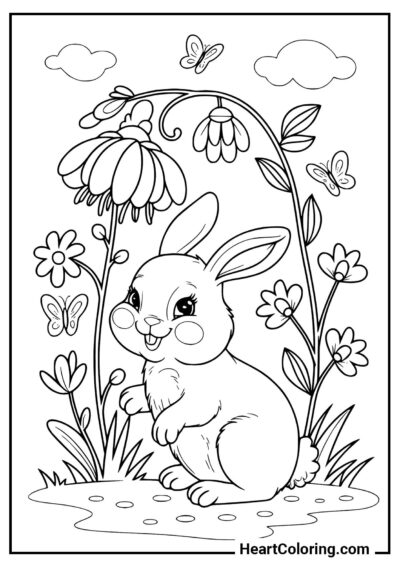 Desenho divertido: Coelhinho no campo na primavera para crianças de todas as idades