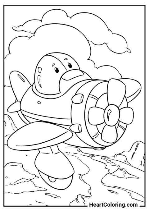 Avion mignon dans le ciel - Coloriage Avion