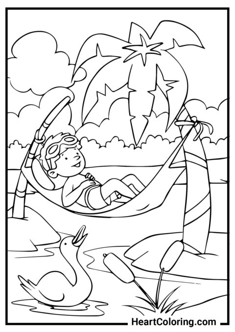 Garçon dans un hamac - Coloriage Été