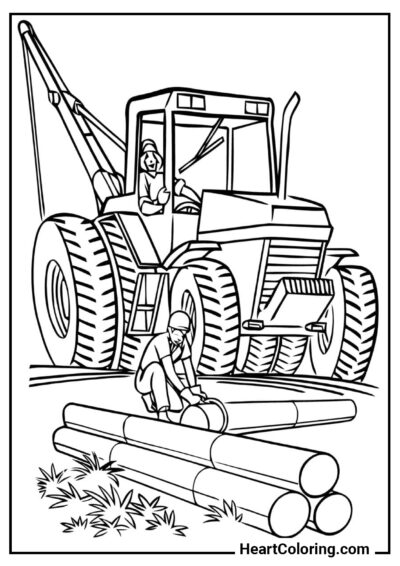 Tracteur sur un chantier de construction - Coloriage Tracteur